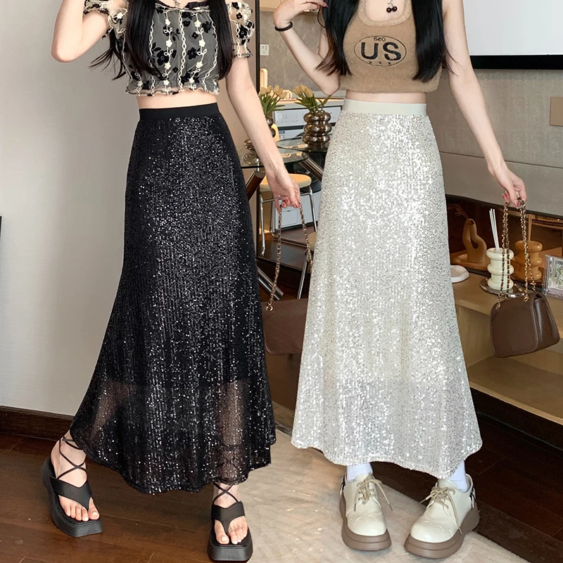 Shiny Sequins Mermaid Skirt Women Elegant Fashion Spring Summer Slim Fit Long Midi Pack Hip Skirts Casual High Waist Faldas Lady