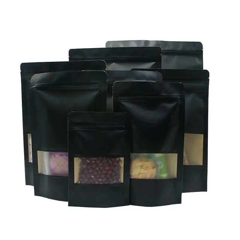 Wholesale Black Kraft Paper Stand Up Plastic Dried Fruit Grain Pouch Food Packaging With Zipper And Matte Front Window
