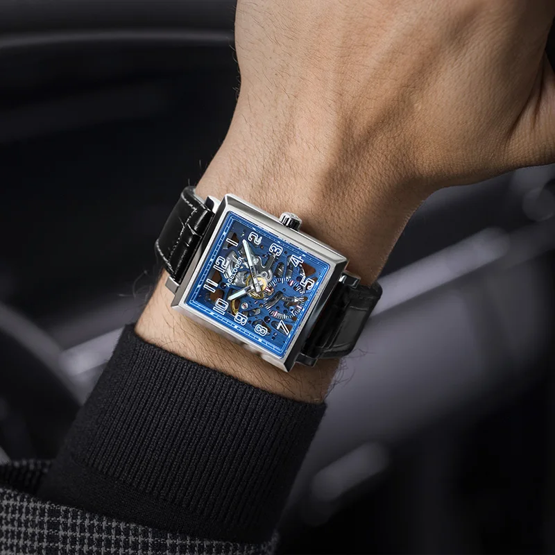 AGELOCER Black Luminous Swiss Fashion Analog Display Mens Mechanical Skeleton Wrist Watches Top Brand Luxury Watches