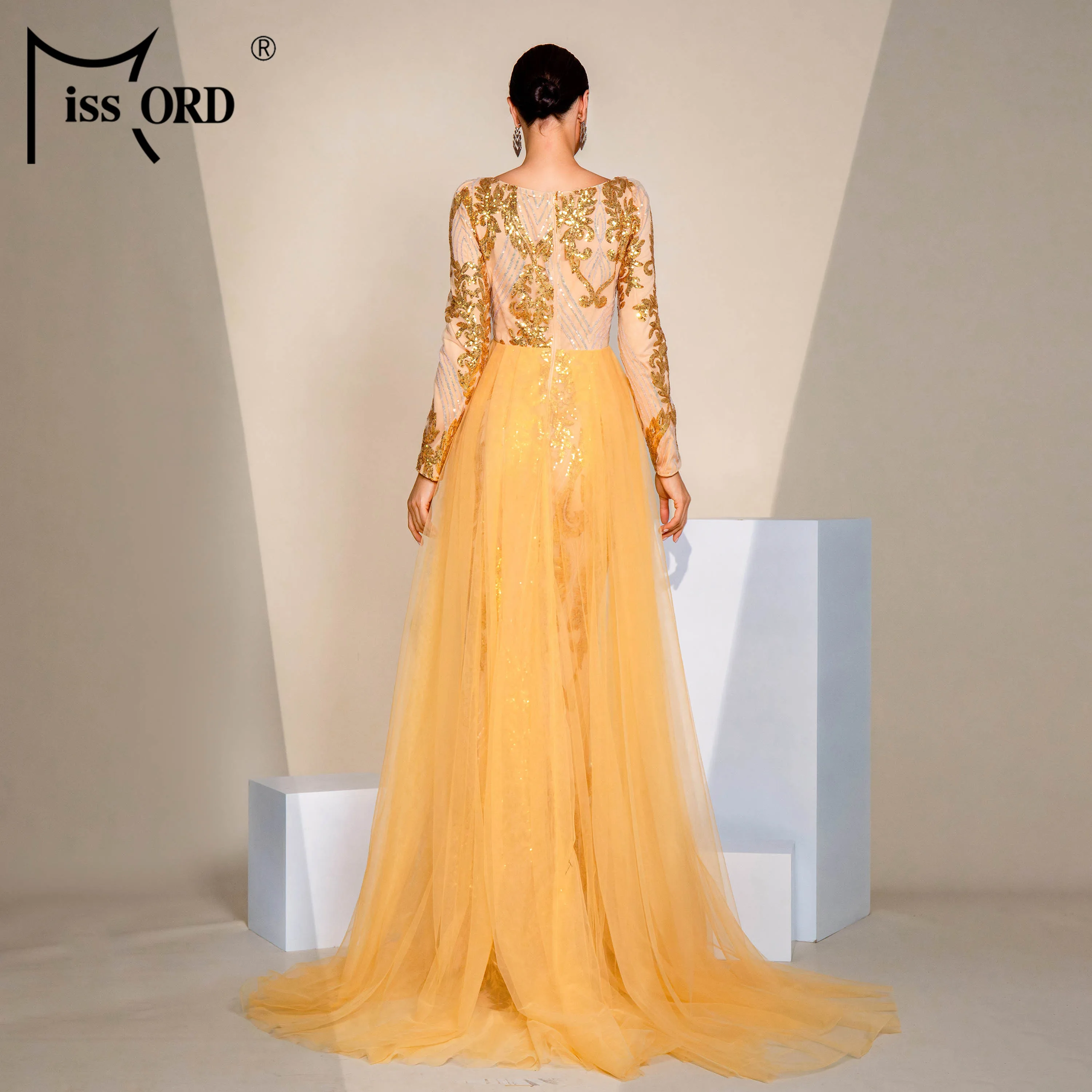 Golden Illusion Sequin Long Elegant Luxury Modest Evening Dresses for Women