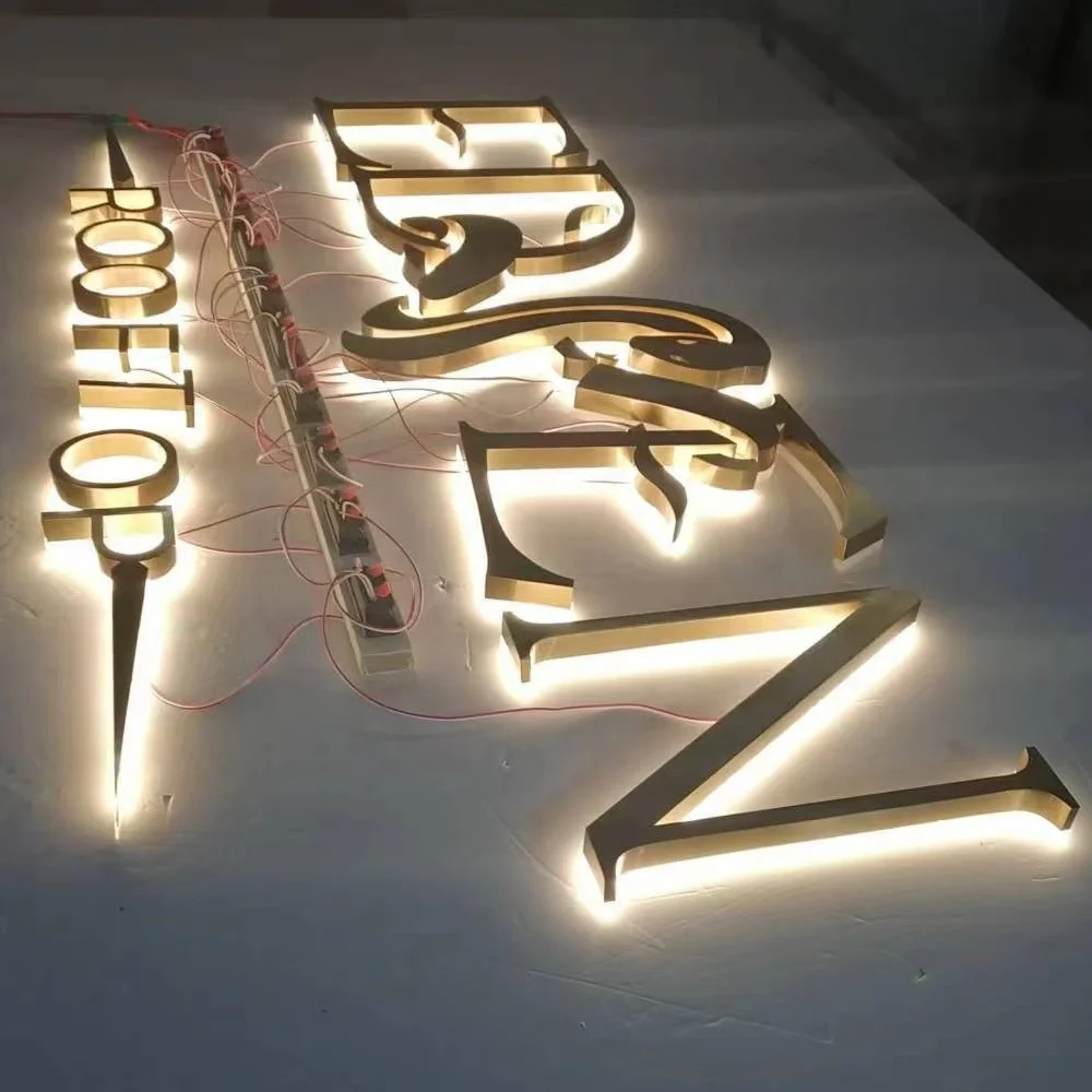 brushed gold 3D sign outdoor store signs Custom Business LED Signage Letters my company logo name in a back lit sign