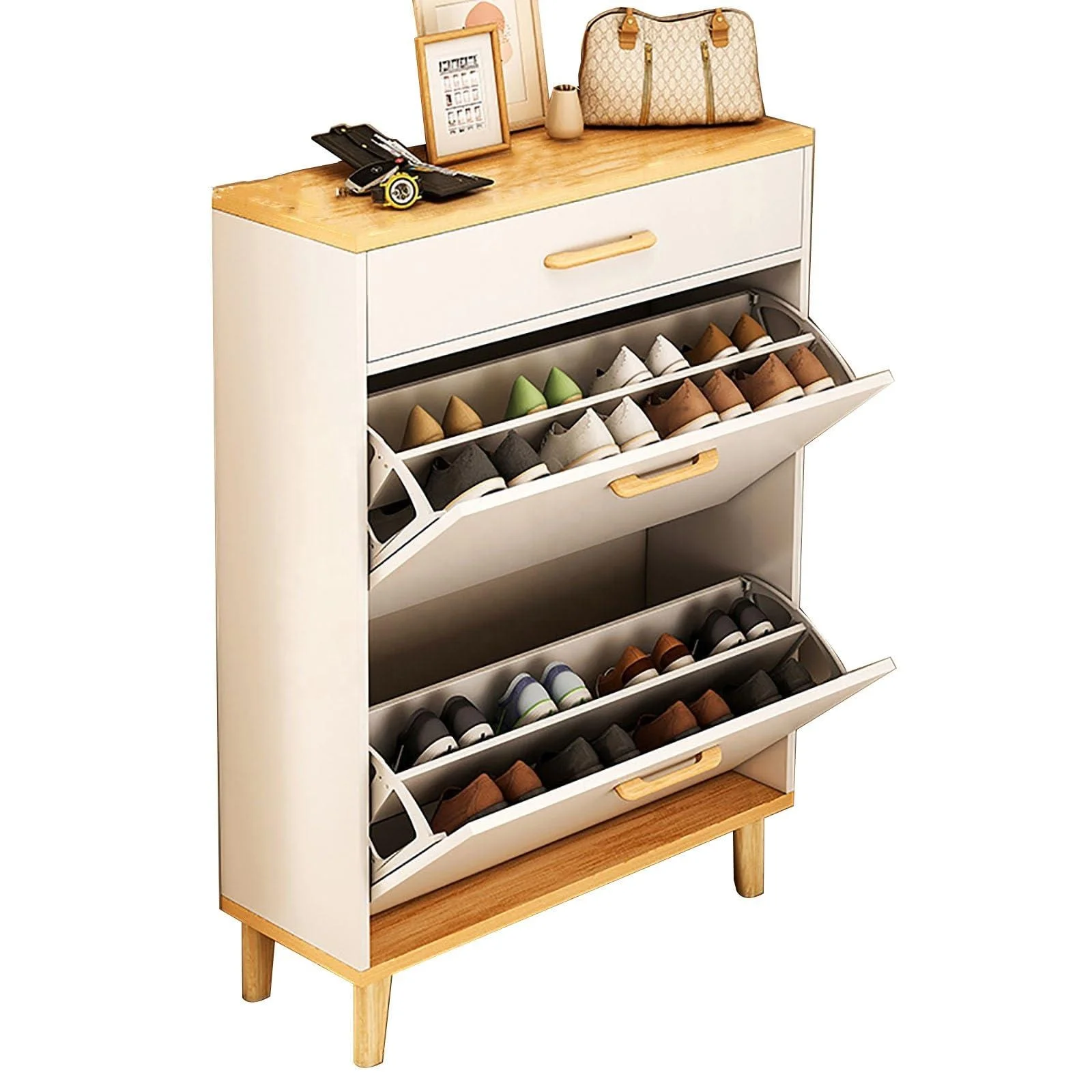 wooden mdf drawer 2 flip doors super slim ultra thin shoe rack cabinet slim storage organiser shoe cabinet storage for hallway