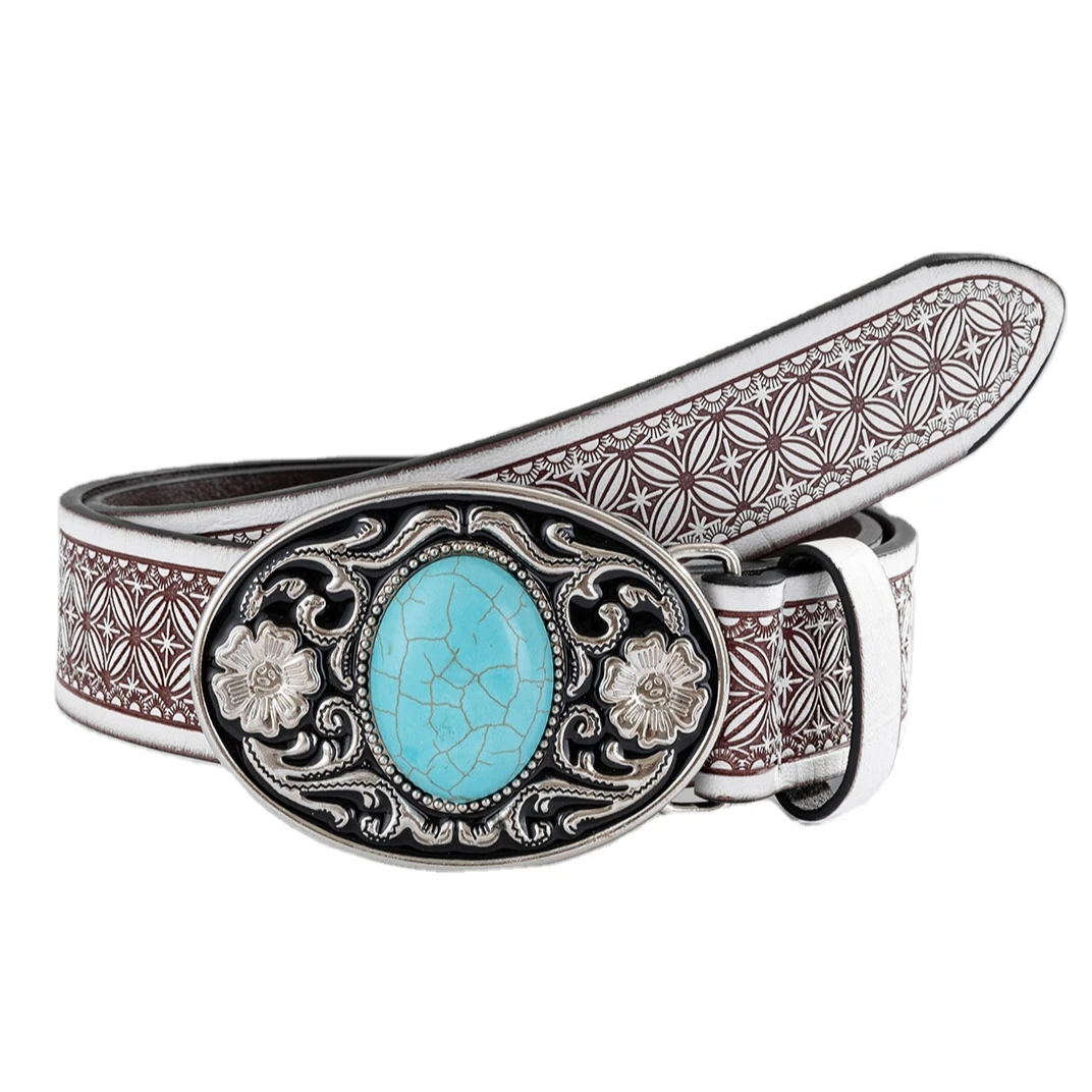 Classic PU Leather Belt Smart turquoise meteal western luminous buckle belts for men and women