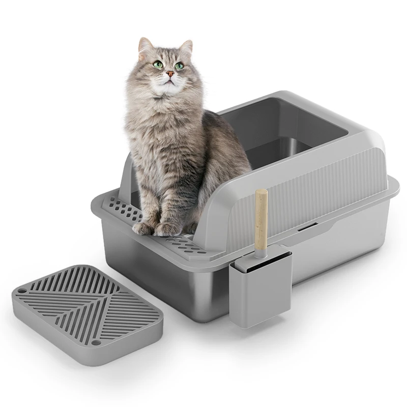 2024 New Design high Quality Half Open Design Kitty Sandbox stainless steel cat litter box with lid