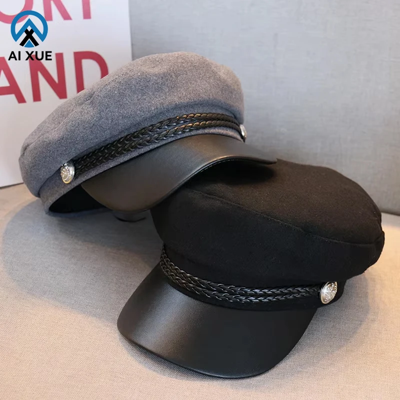 2025 New Arrival Tactical Hats Latest Autumn Winter  Beret Custom British Retro Woolen Navy Captain Black Octagon Beret