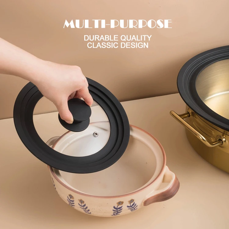 Customizable 20/22/24cm Tempered Glass Food Safe Silicone Pan Cover Silicone Rim Universal Glass Pot Cover Cooking Lid