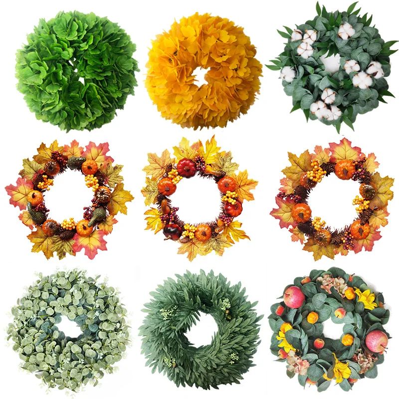 X181 Halloween Pumpkin Christmas Rose Peony Flower Wreath Artificial Ivy Maple Leave Eucalyptus Garlands Wreaths for Front