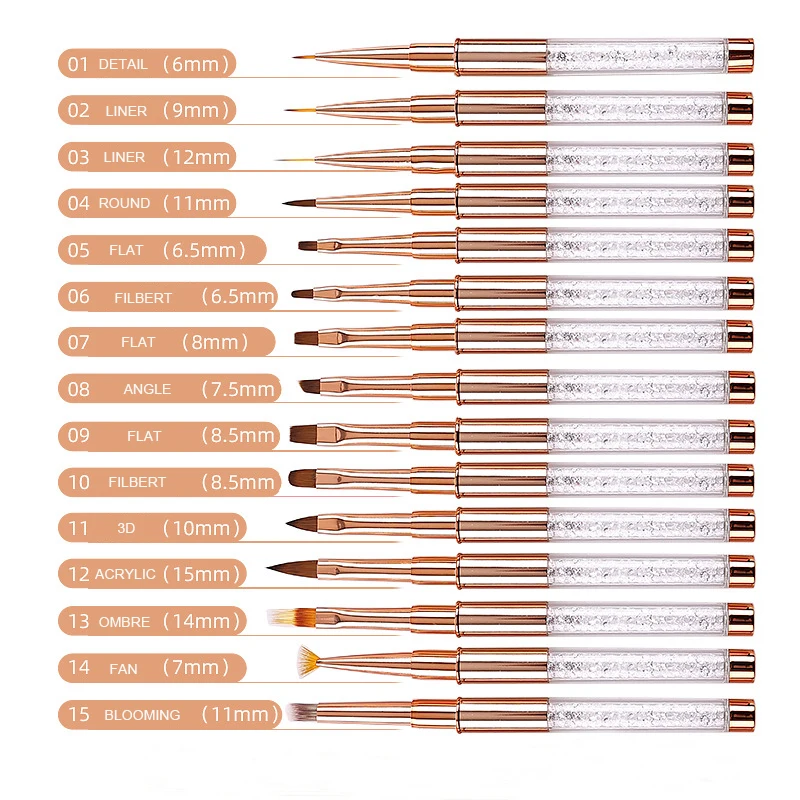Hot Sale Rose Gold Metal Handle Crystal Head Ombre Nail Art Brushes Dual Ended Liner Brush For Nails Brush Set Art