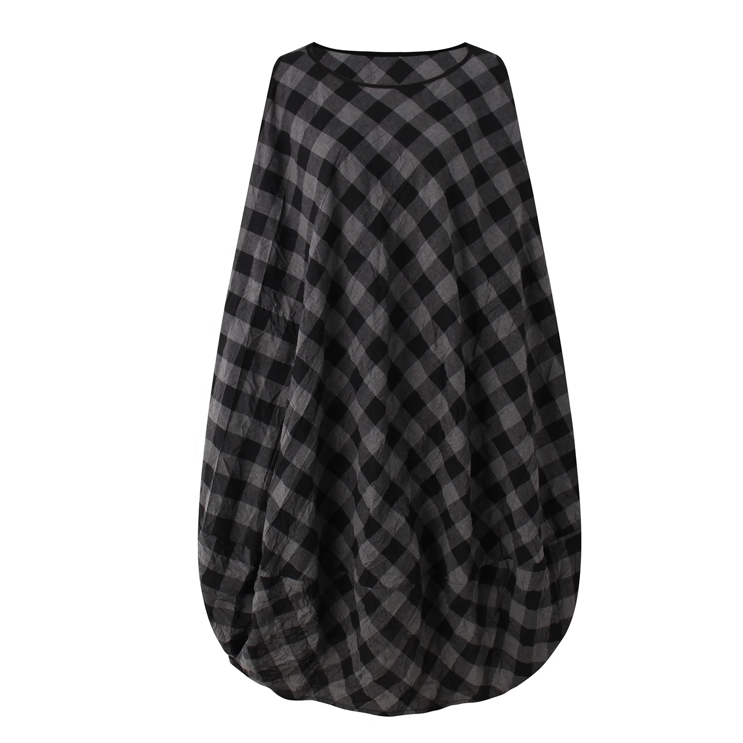 Boutique Dress Manufacturer Custom Gray Plaid Sleeveless Wrinkle Effect Checked Balloon Dress Women Lady Elegant Loose