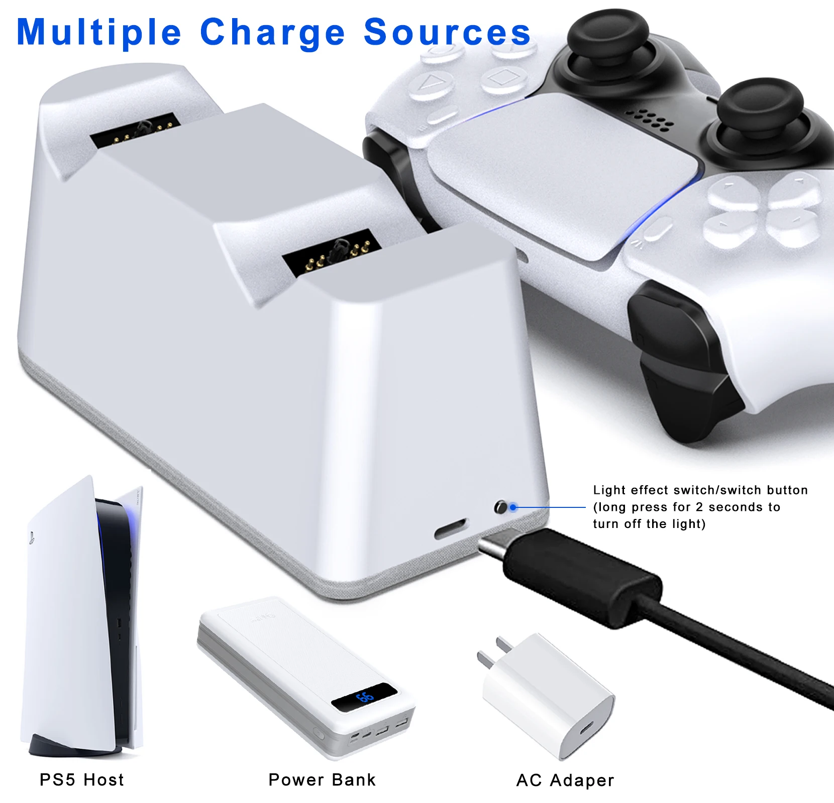 Original factory design  PS5 dual  charging dock station for PlayStation 5 controllers and 4 dynamic RGB light mode