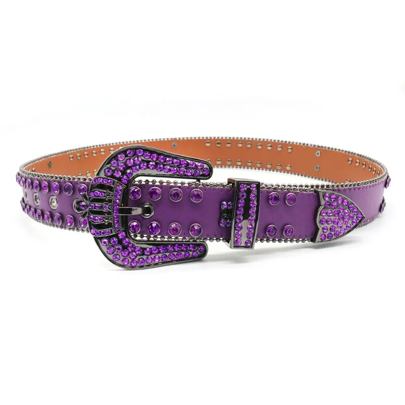 New Arrival Royal Crown Buckle PU Rhinestone Belt Punk Studded Purple Diamond Woman Belts