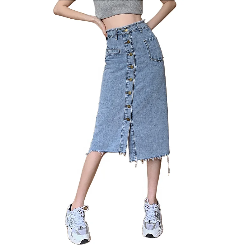 Wholesale High Waist Skirt With Buttons Irregular And Slit Jeans Midi Blue Jean Skirt Ladies Jeans Mid-Length Skirt