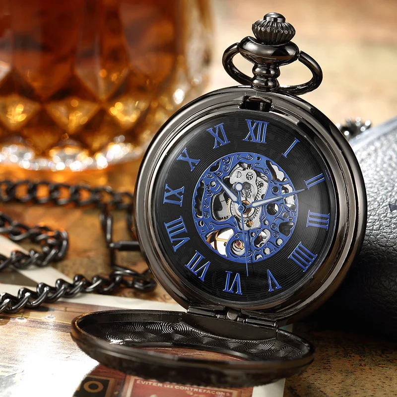 
Steampunk Blue Hands Scale Mechanical Skeleton Pocket Watch with Chain 