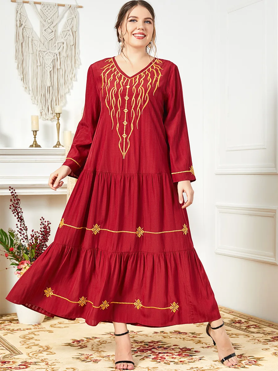 Pure Red with Gold Embroidered 2022 New Wholesale Long Abaya Women Muslim Dress Pleat Designs L-4XL Clothes Women Muslim Fashion