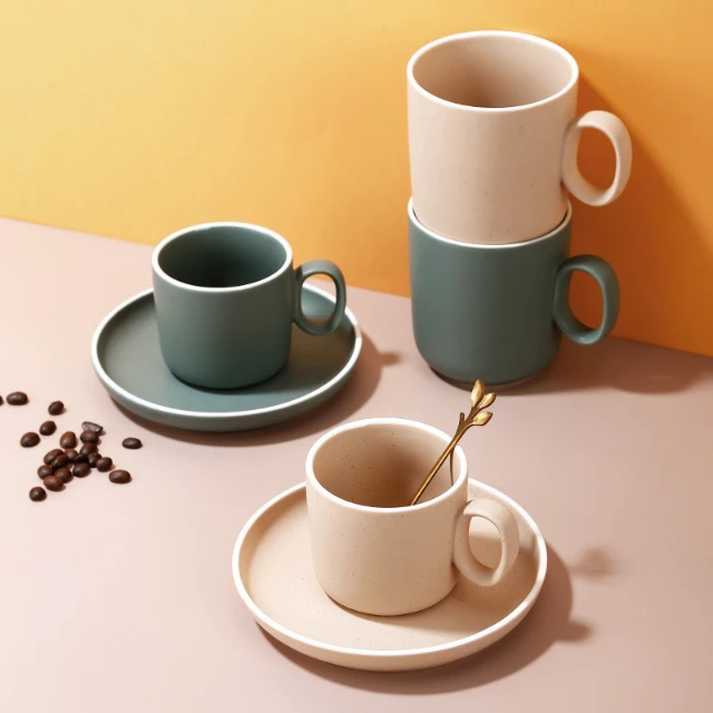 Factory Outlet 13oz Modern Ceramic Green Pink Speckled Coffee Cup with Saucer