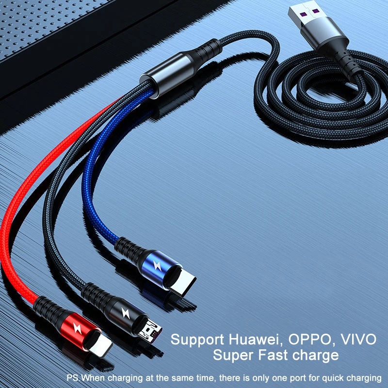 Нейлоновый тканевый Плетеный цветной 5А Мути 3 в 1 быстрый зарядный usb-кабель