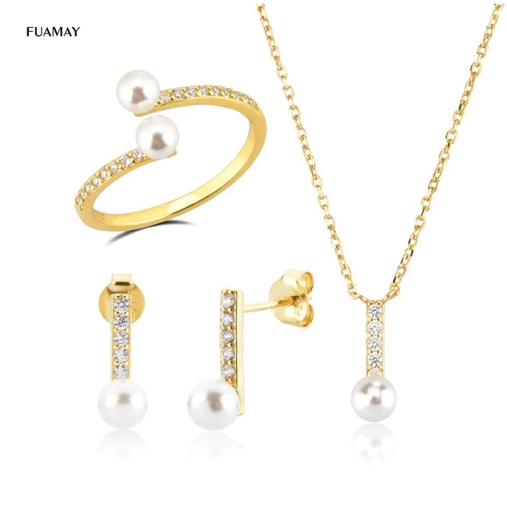 FUAMAY S925 Freshwater Pearl Bar Earrings Necklaces Rings Wedding Jewelry Sets 18k Gold Plated