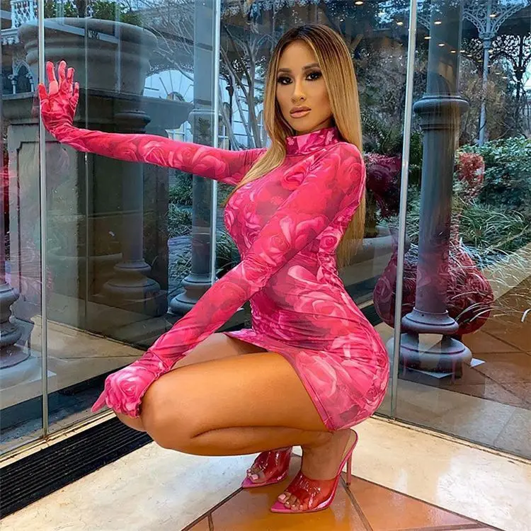 Fuchsia Floral Printed Slim Women Sexy Long Sleeve Mini Dresses Zipper Party Ladies Skinny Bodycon Mini Dress