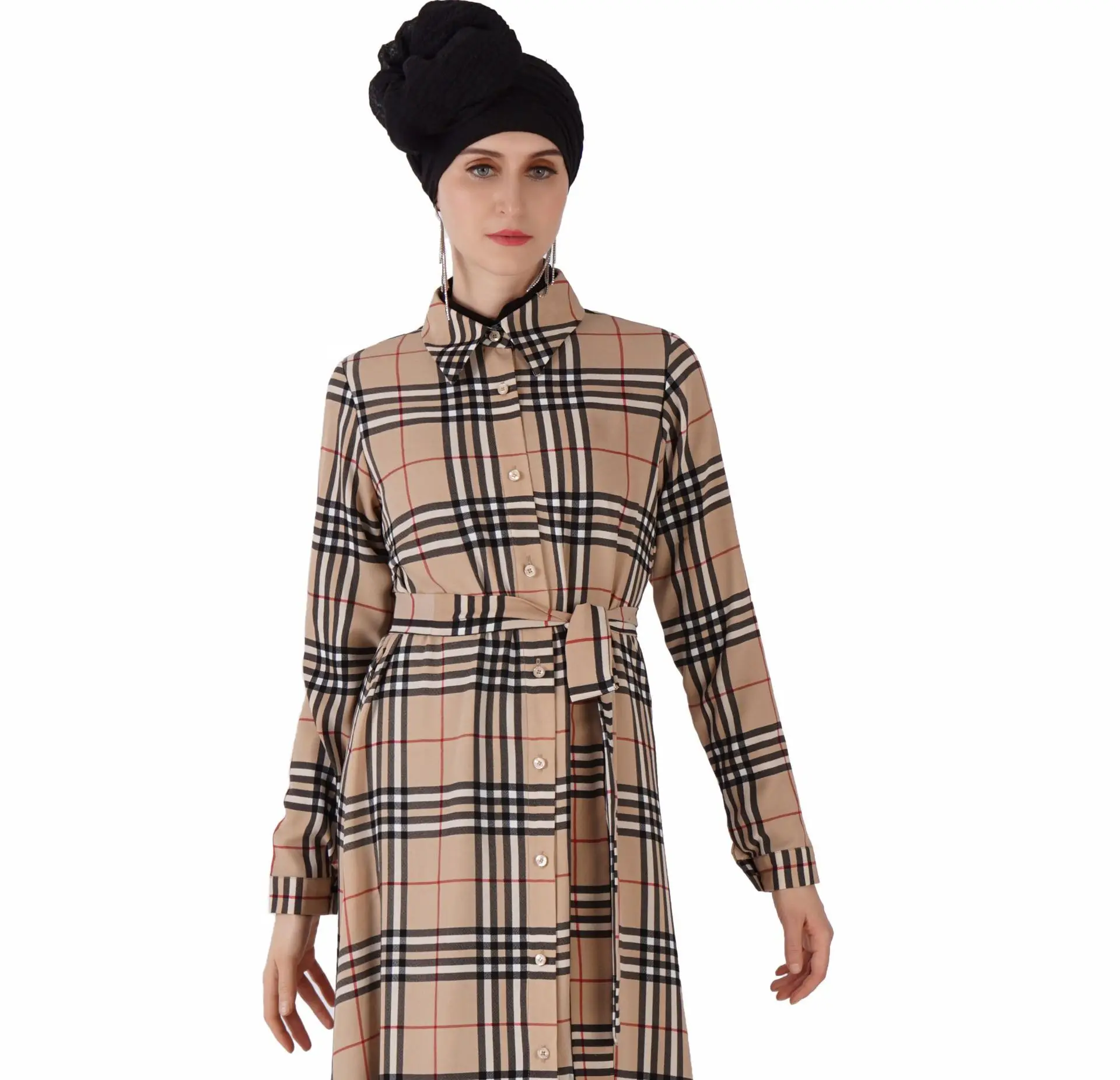 England Vintage Plaid Long Dress Abaya Muslim Women Classic Lapel Lace Up Single Breasted Long Plaid Dress Casual Abaya Dubai