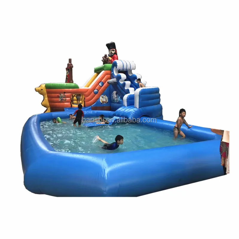 Hot sale above ground cheap Inflatable water slide pool park pirate ship water slide with swimming pool for kids