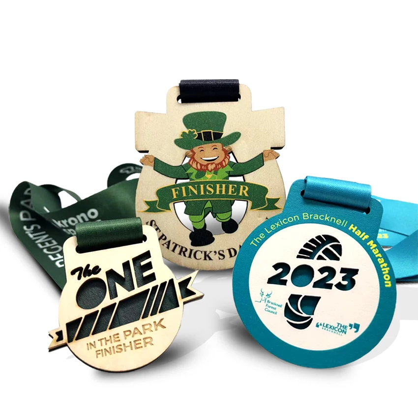 Custom Laser Engraved UV Printed Wood Medal Polished Sport Style with Blank Medal