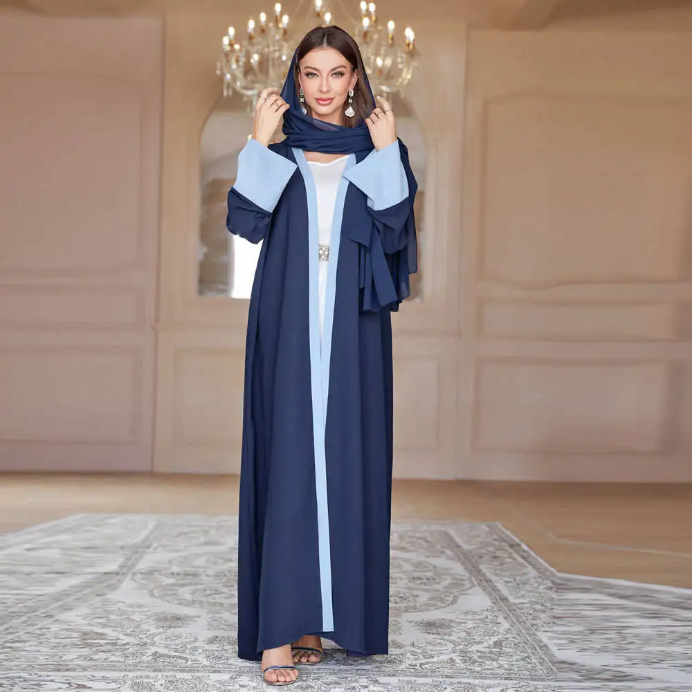 New Custom high-quality Turkish Robe Femme abaya Muslim cardigan robe headscarf ladies abaya set solid color black open abaya