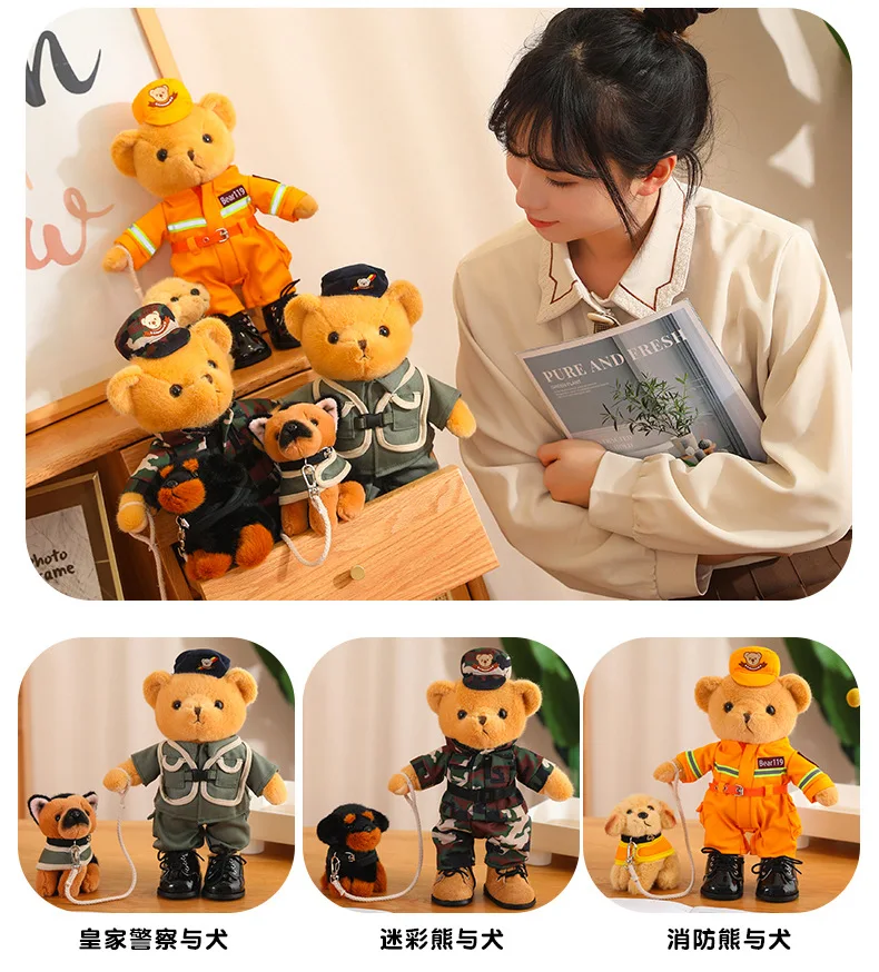 New sunrise wholesale soft stuffed handsome Royal police bear Traffic police bear Fire fighting bear doll with plush patrol dog