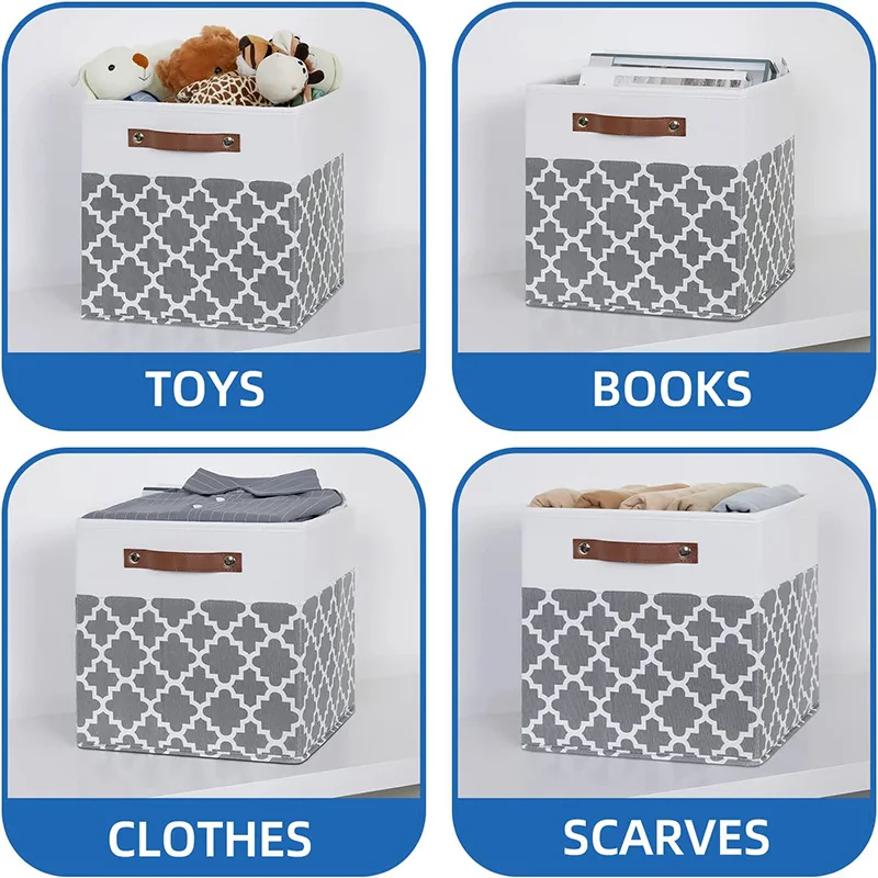 Storage Basket with PU Leather Handle Collapsible Storage Bins for Baby Clothes Toy Storage