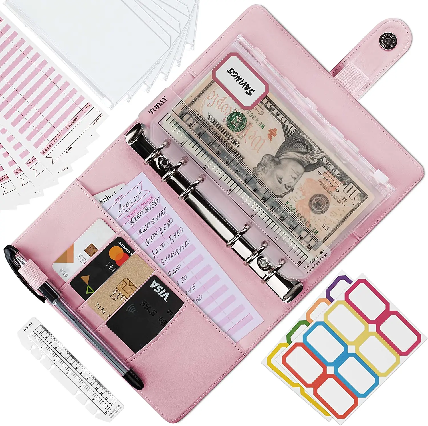 Wholesale Custom Budget Binder Cash Envelope System A6 Pink Leather Binder with 6 Rings