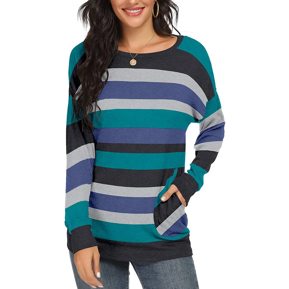 Shinesia женские футболки больших размеров с длинным рукавом, в цветную полоску; 2 боковых кармана свободные легкие модные повседневные футболки на заказ