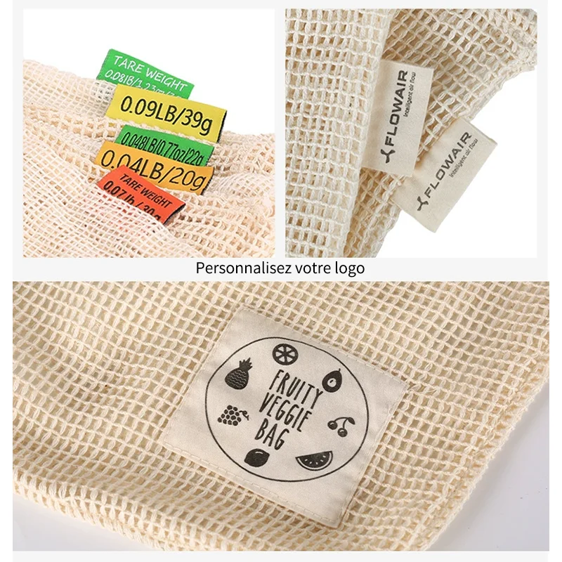 Custom Design Reusable Washable Vegetable Grocery Organic Cotton Net Mesh Fruit Packaging Shopping Drawstring Bag