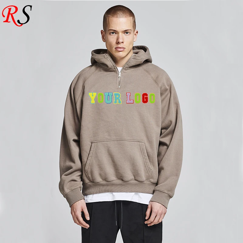 Popular Streetwear Fleece Heavy Hoodie Custom Logo No String Unisex Chenille Patch Quarter Zip Jumper