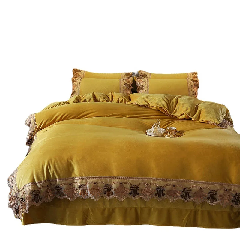 Adult 4 pieces European Winter fleece bedspread skirt set, plain embroidery lace ruffled quilt bedding skirt set