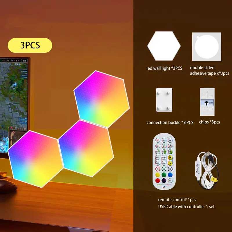 factory custom living room decoration led quantum 3pcs app remote control led hexagonal wall lamp