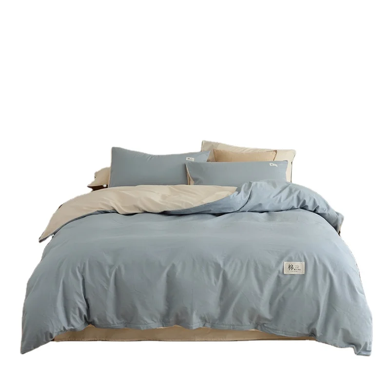 Double cotton washing cotton four-piece ins simple Nordic solid color bed hat kit