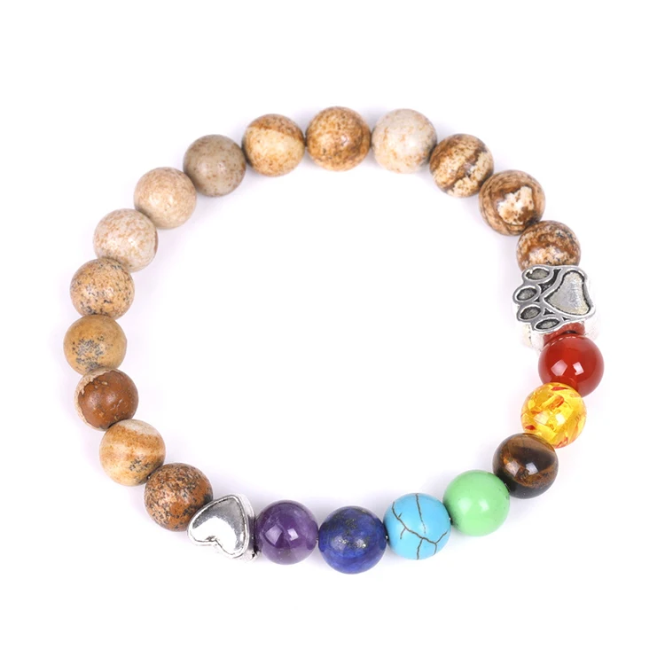 G1437 Natural Stone Bracelet Heart Dog Cat Paw Print Bead Pet Memorial For Women Men 7 Chakra Bracelet
