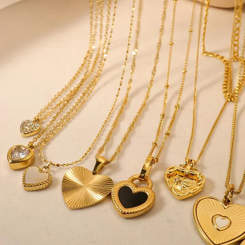 Multi styles Vintage 18K gold plated shell diamond necklace heart pendant gold plated jewelry stainless steel