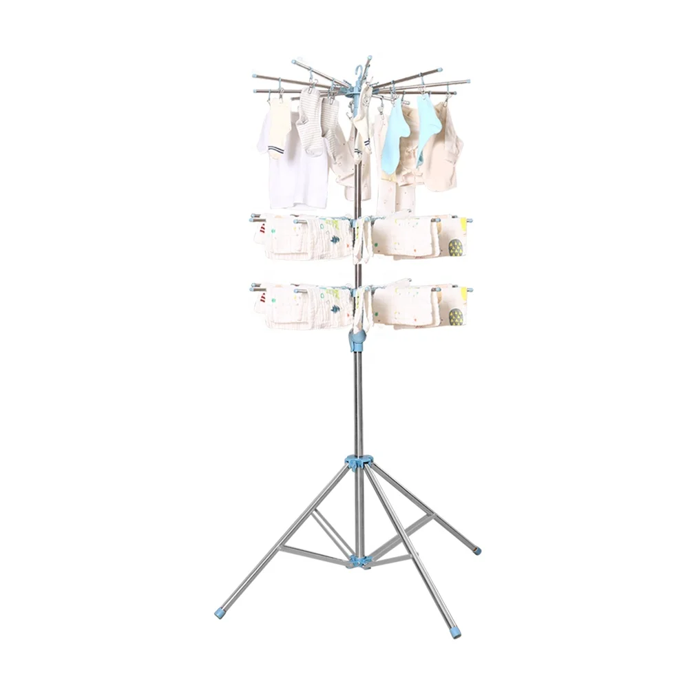BOYOUNI 3-Tier Collapsible Tripod Clothes Drying Rack Folding Laundry Rack with Clothespin Adjustable 170cm Garment Hanger Stand
