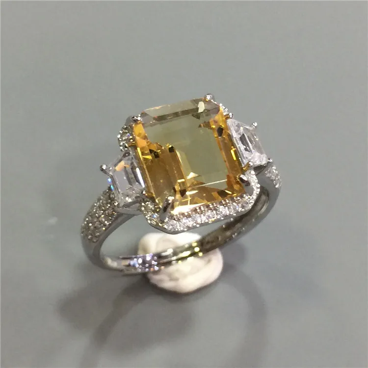 Yellow topaz with double white topaz halo 925 sterling silver luxury ring