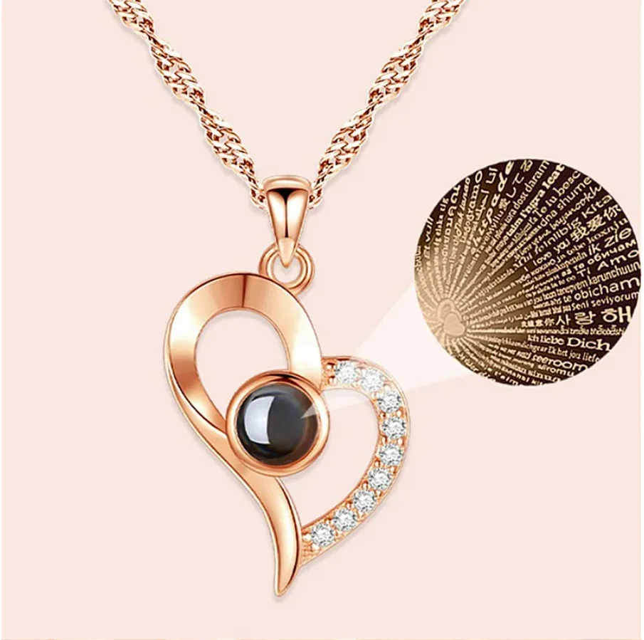2023 Fashion 100 Language I Love You Crystal Rhinestone Fashion Pendant Projection Heart Necklace