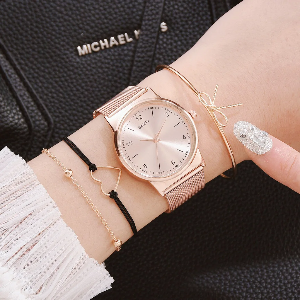 Quartz Wristwatch Alloy Strap Ladies Casual Round Rose Gold Watches Bracelet Set Fashion Jewelry Accessories