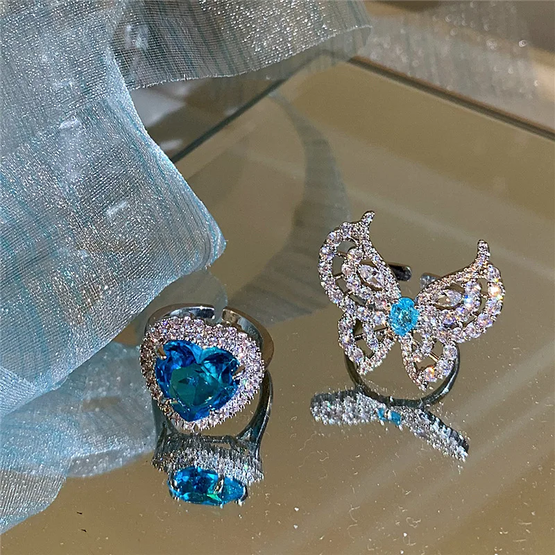 JUHU Ice and Snow Fairy Tale Series Ring Micro-inlaid Zircon Ice Blue Love Heart Opening Ring Crystal Butterfly Ring Female