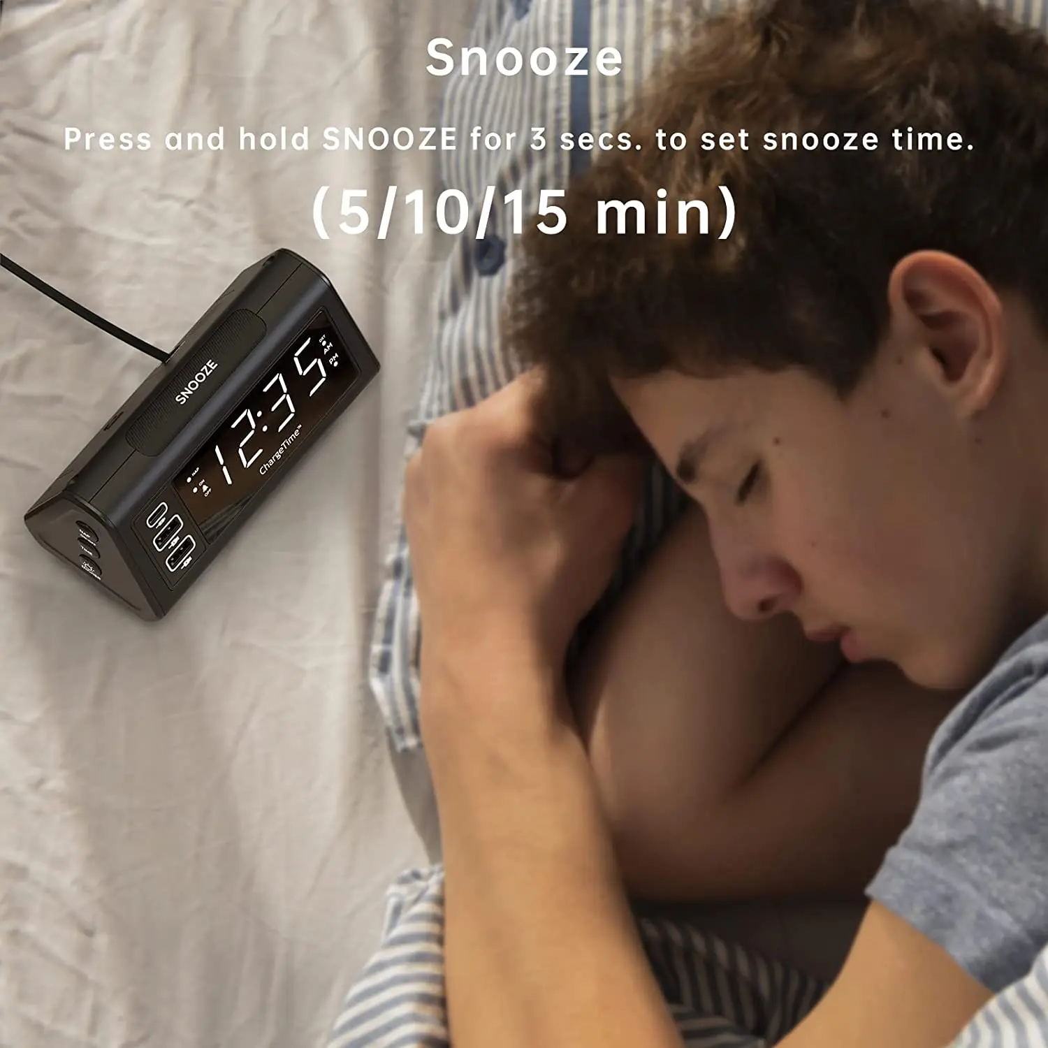 Teleadapt LCD Display Alarm Clock with 3 USB Charging Ports for iPhone iPad Android Devices Loud Digital Alarm Clock