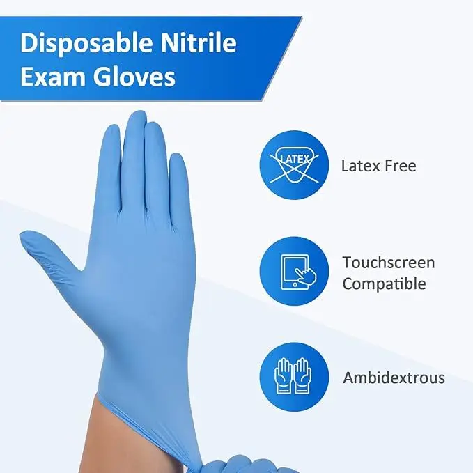 Powder and Latex Free Disposable Medical Exam Blue Nitrile Gloves with Case of 10 Boxes of 100