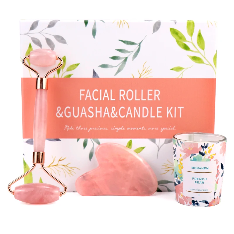 
Original Design Gift Rose Quartz Stone Jade Facial Roller & Gua Sha & Candles Set For Women 