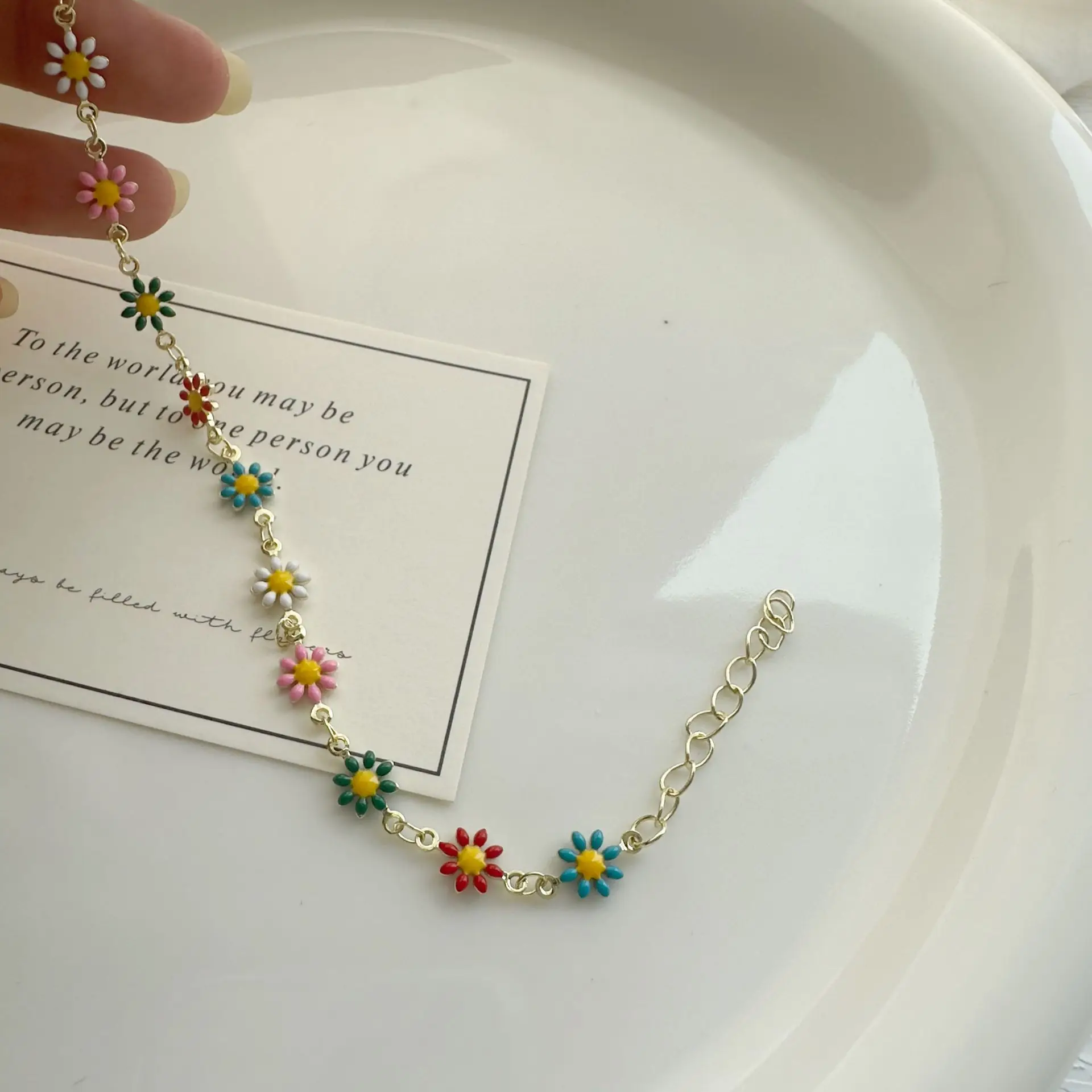 Colorful Niche Daisy Flower Bracelet and Necklace Set Women Fresh Style Ins Contrast Design Clavicle Chain Accessories