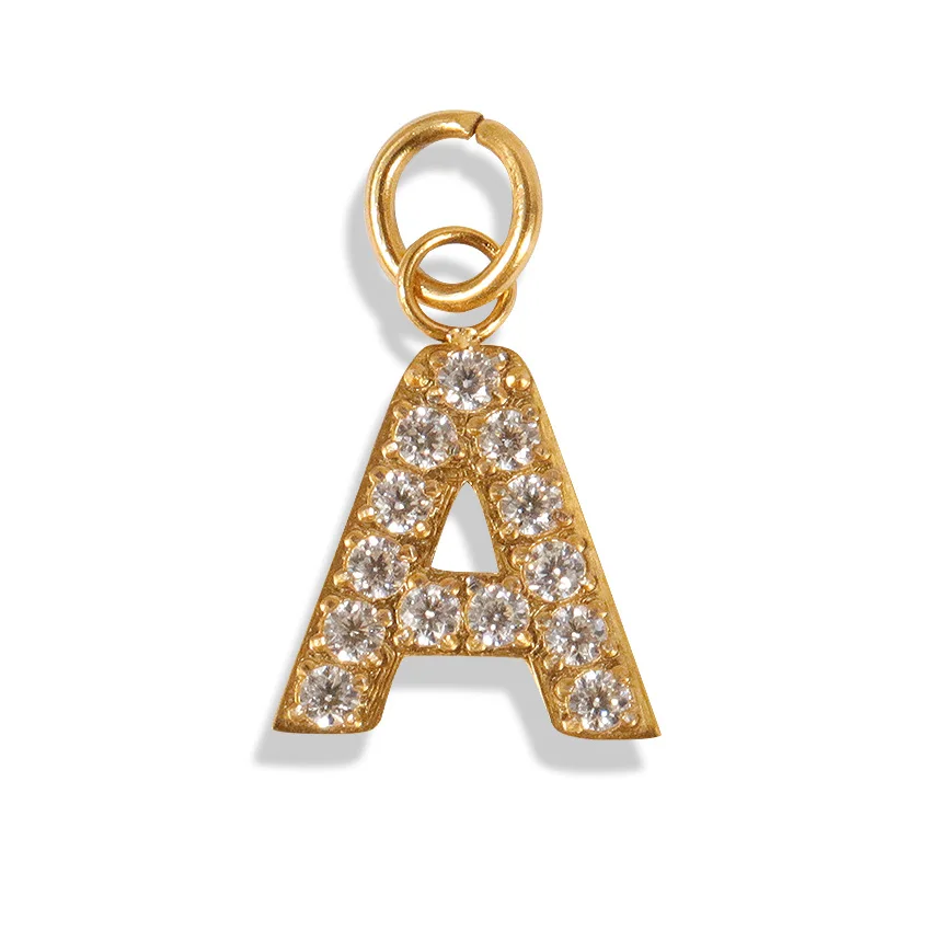 Minos Initial Full Diamond Charm DIY Necklace Waterproof Stainless Steel 18k Gold Plated 26 Letters Clear CNC Zircon Pendant