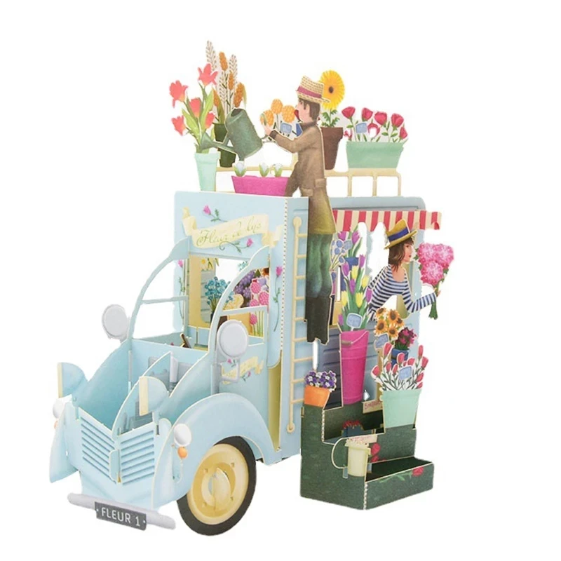 3D Pop Up Colourful Flower Car Greeting Card Birthday Card Laser Cutting Envelope Postcard Hollow Carved Handmade Kirigami Gifts