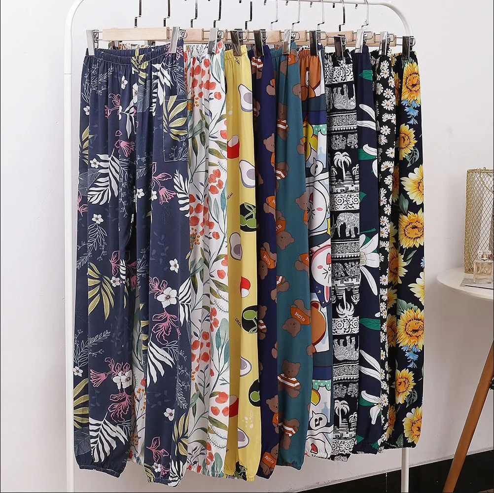 New Women Cotton Silk Pajama Trousers Summer Thin loose casual Yoga pants Rayon Household harem Pants Printed Beach Pants