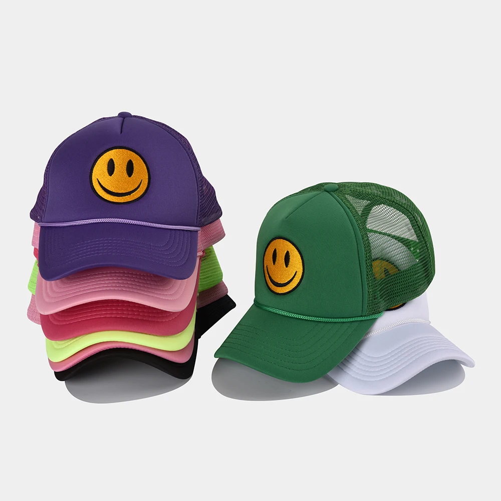 Neon High Crown Foam Mesh Back gorras custom embroidery  trucker hat smiley face trucker cap mesh